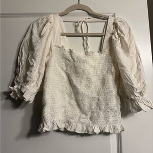 H&M Cream Smocked Blouse with Puff Sleeves